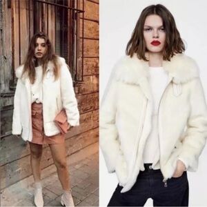 Like New ZARA Faux Fur Aviator High neck Jacket in Ivory Cream Size XS